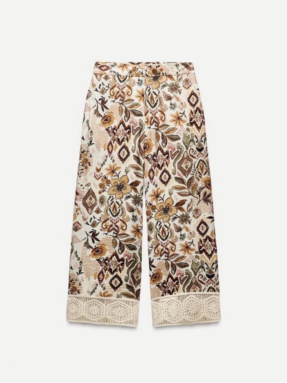 Zara Floral Wide-Leg Pants in Cream, Brown & Green - NWT